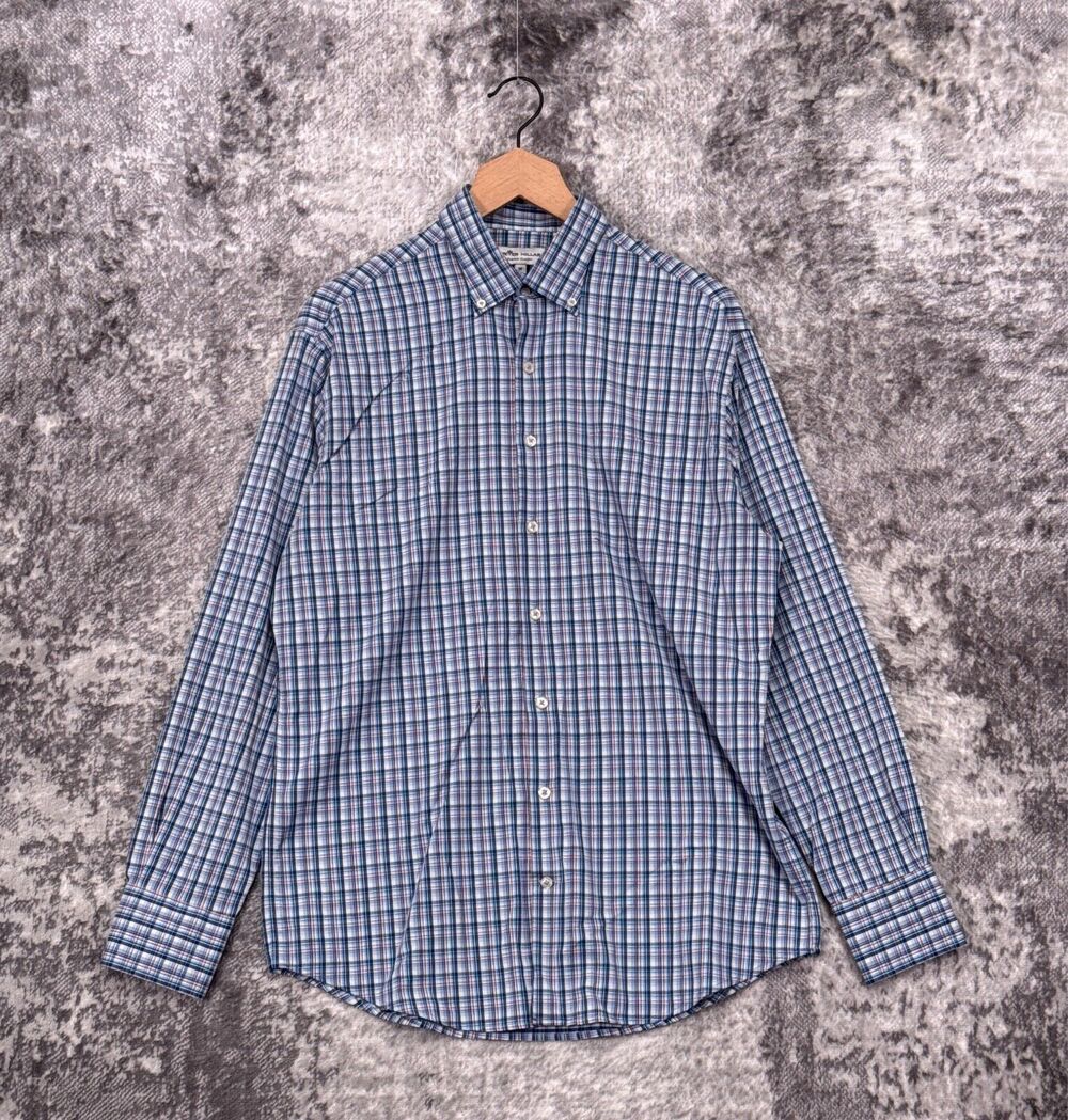 Peter Millar Shirt Medium Mens Summer Comfort Plaid Long Sleeve Casual Button